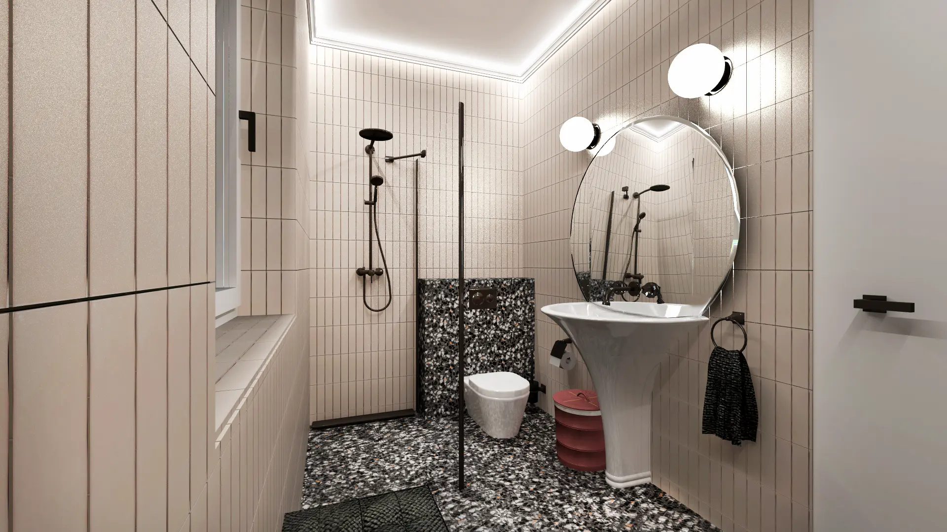 Eklektikus fürdőszoba terrazzo fekete fehér csempe Ikonikdesign lakberendezés Fejérvári Adri
