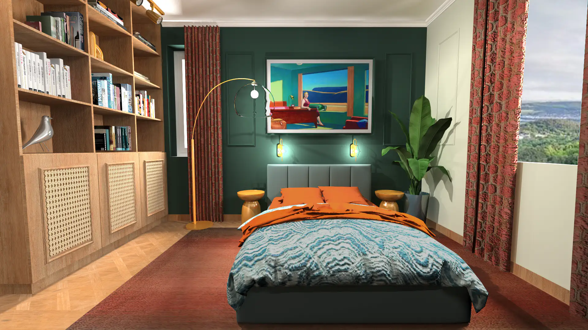 Eklektikus hálószoba Hopper egyedi festmény sötétzöld fal burgundi bordó szőnyeg rattan gardrób ikonikdesign lakberendezés interior design Fejérvári Adri