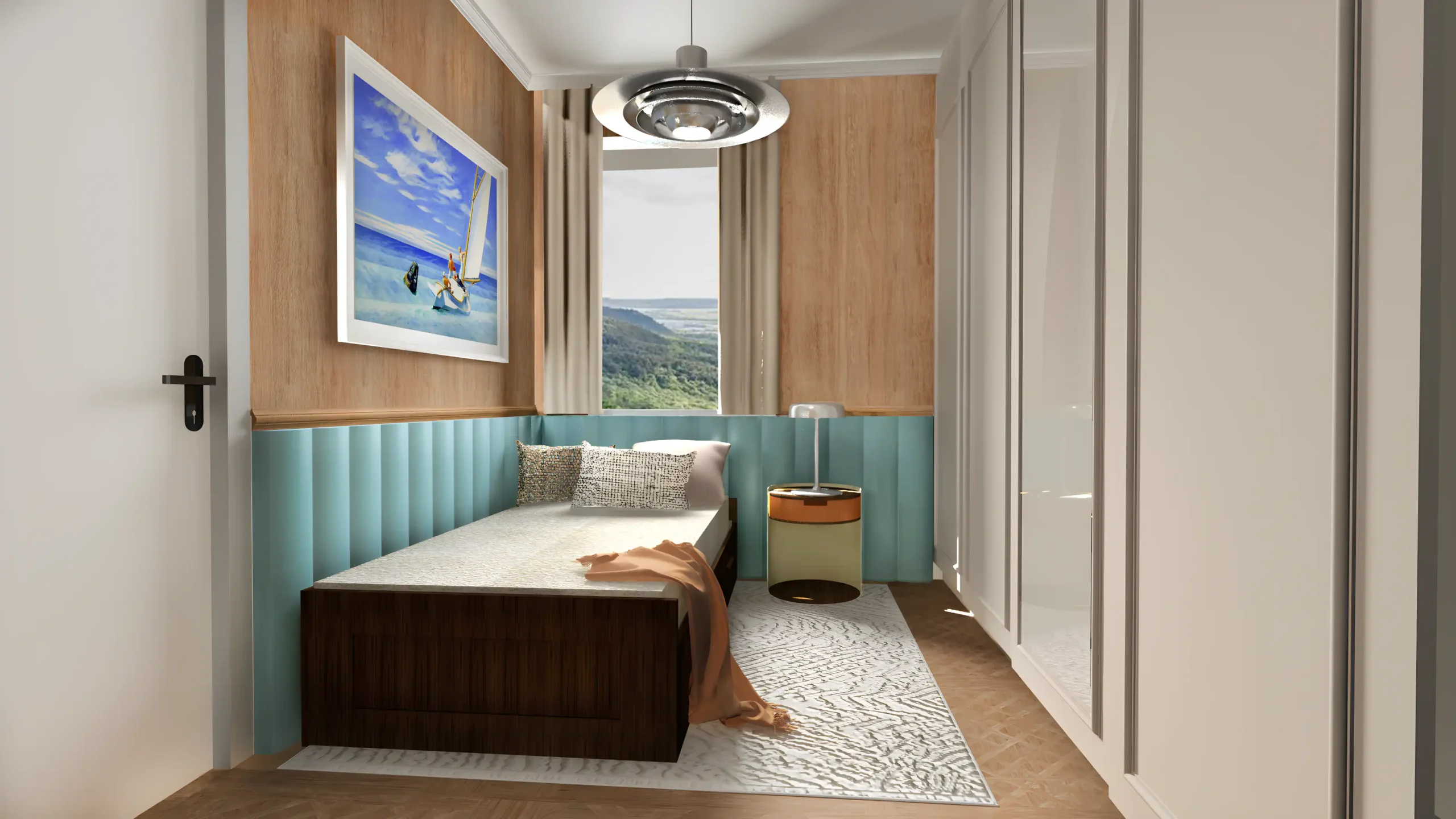 Eklektikus vendégszoba Hopper egyedi festmény türkiz falpanel kárpitos falpanel Bauhaus P376 lámpa Ikonikdesign lakberendezés interior design Fejérvári Adri