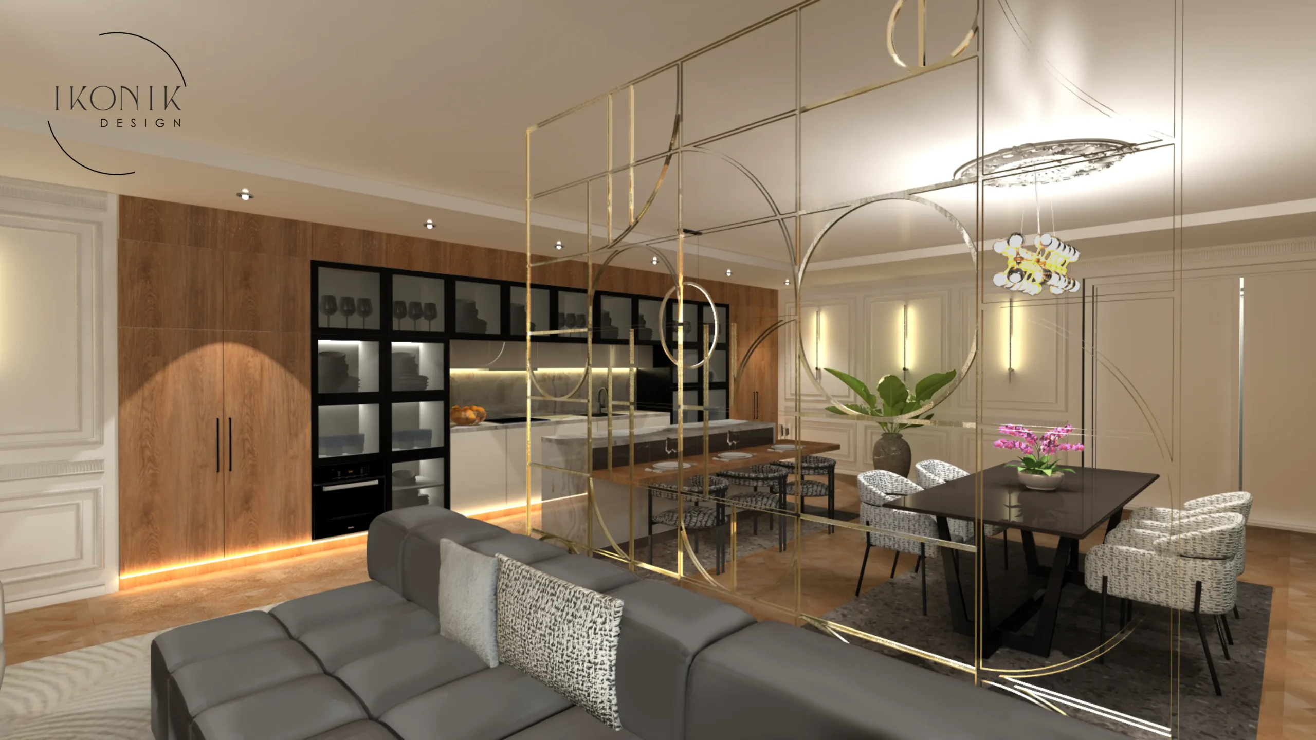 Exkluzív enteriőr luxus arany fal konyha körív led dió bútor ikonikdesign lakberendezés