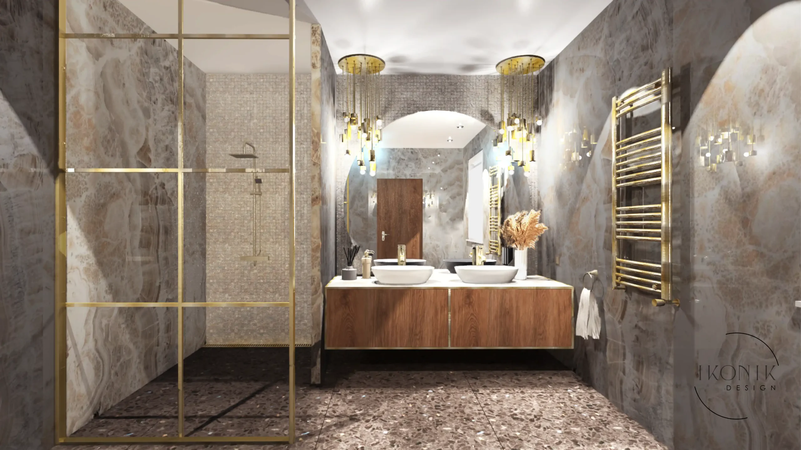 Exkluzív enteriőr luxus fürdőszoba márványfal arany kiegészítők ikonikdesign lakberendezés