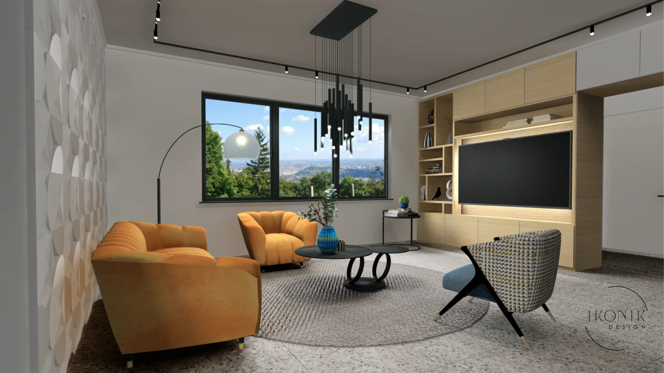 Modern minimál mustár fotel kare laser lámpa körasztal tvfal ikonikdesign lakberendezés