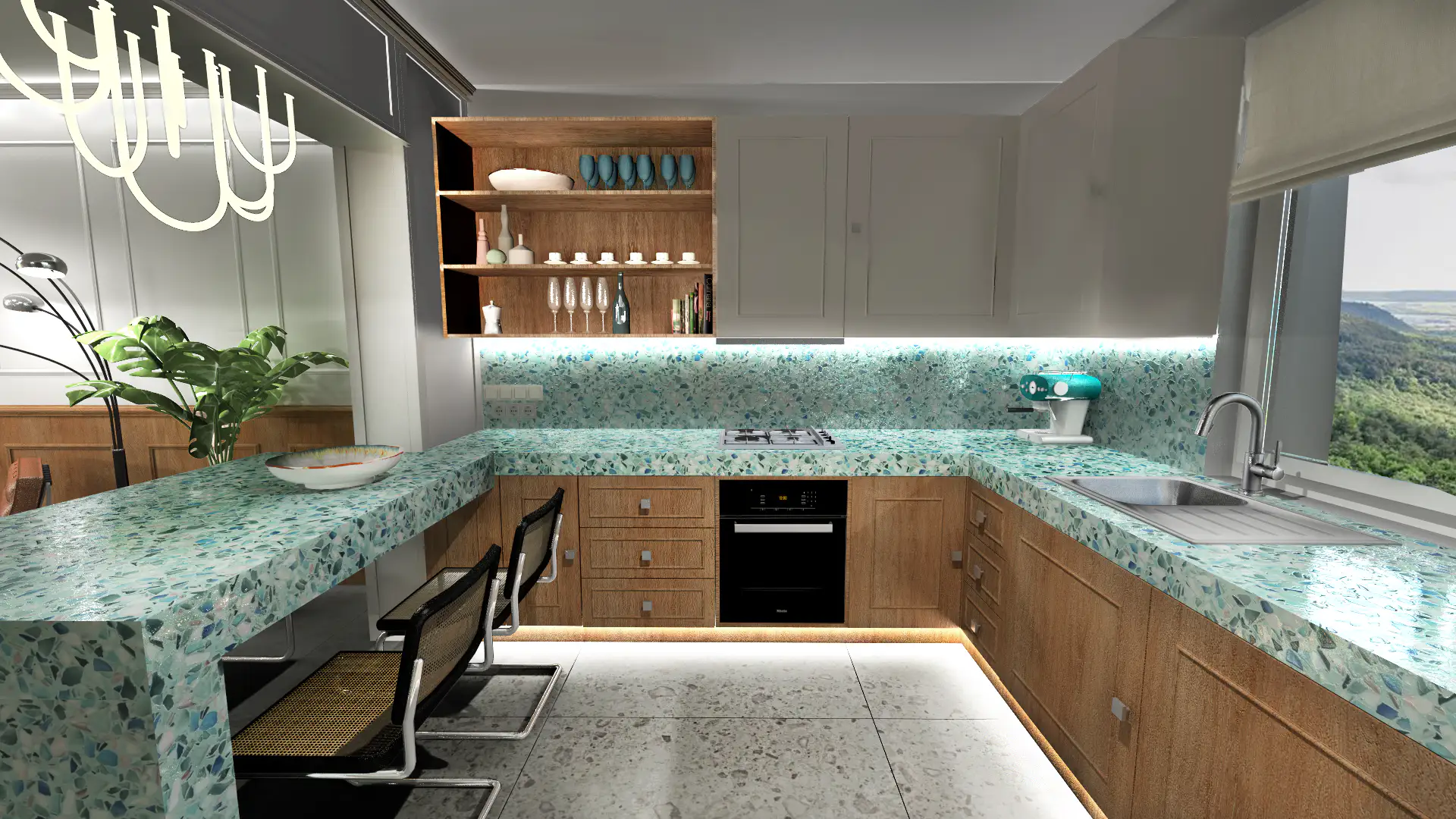 Türkiz terrazzo konyha eklektikus klasszikus tölgy ledív lámpa ikonikdesign lakberendezés Fejérvári Adri