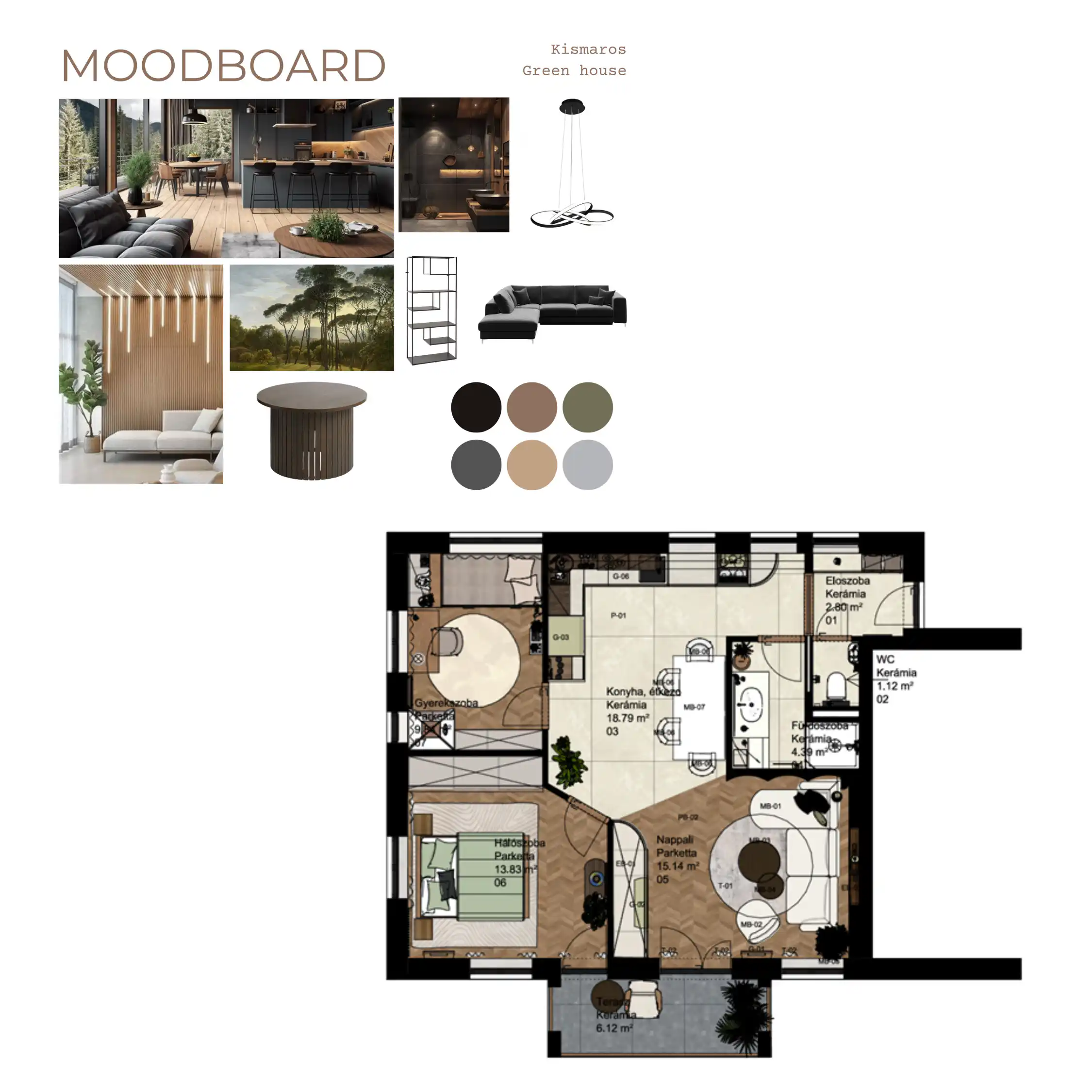 Ikonikdesign lakberendezés moodboard berendezési terv