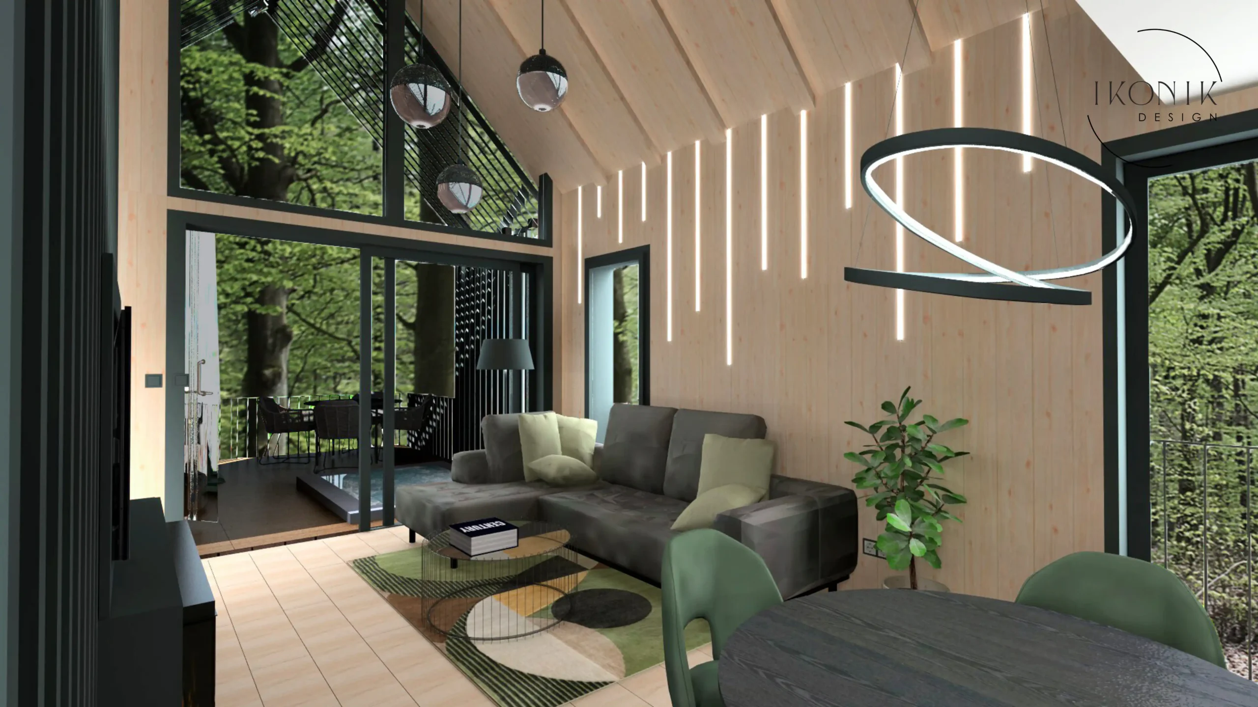 Kabinház elegáns antracit kanapé natúrfa zöld ledcsík íves ledlámpa erdei táj geometrikus szőnyeg ikonikdesign lakberendezés lakberendezo