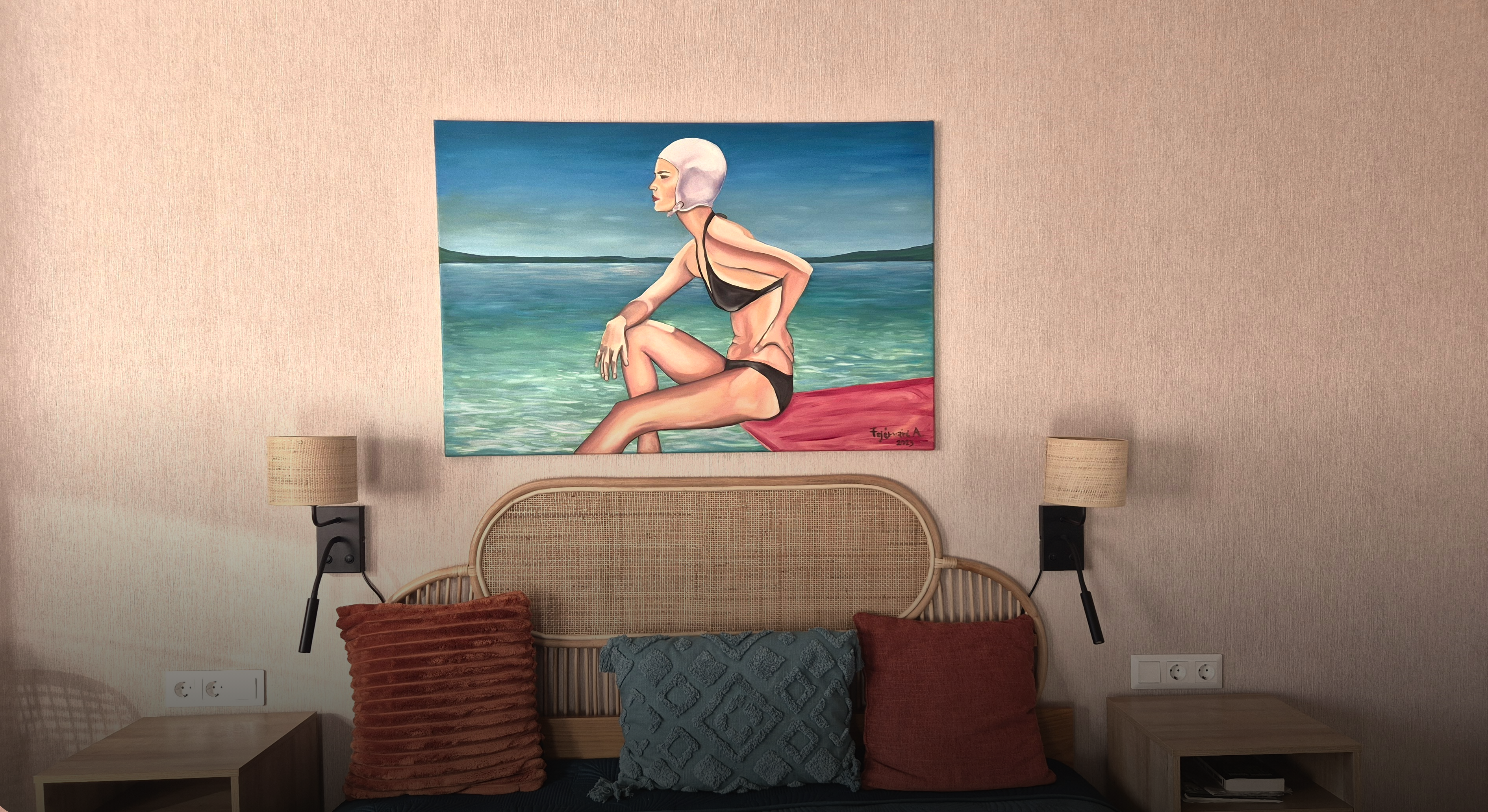 Olajfestmény úszó nő balaton-artdeco rattan ágyvég